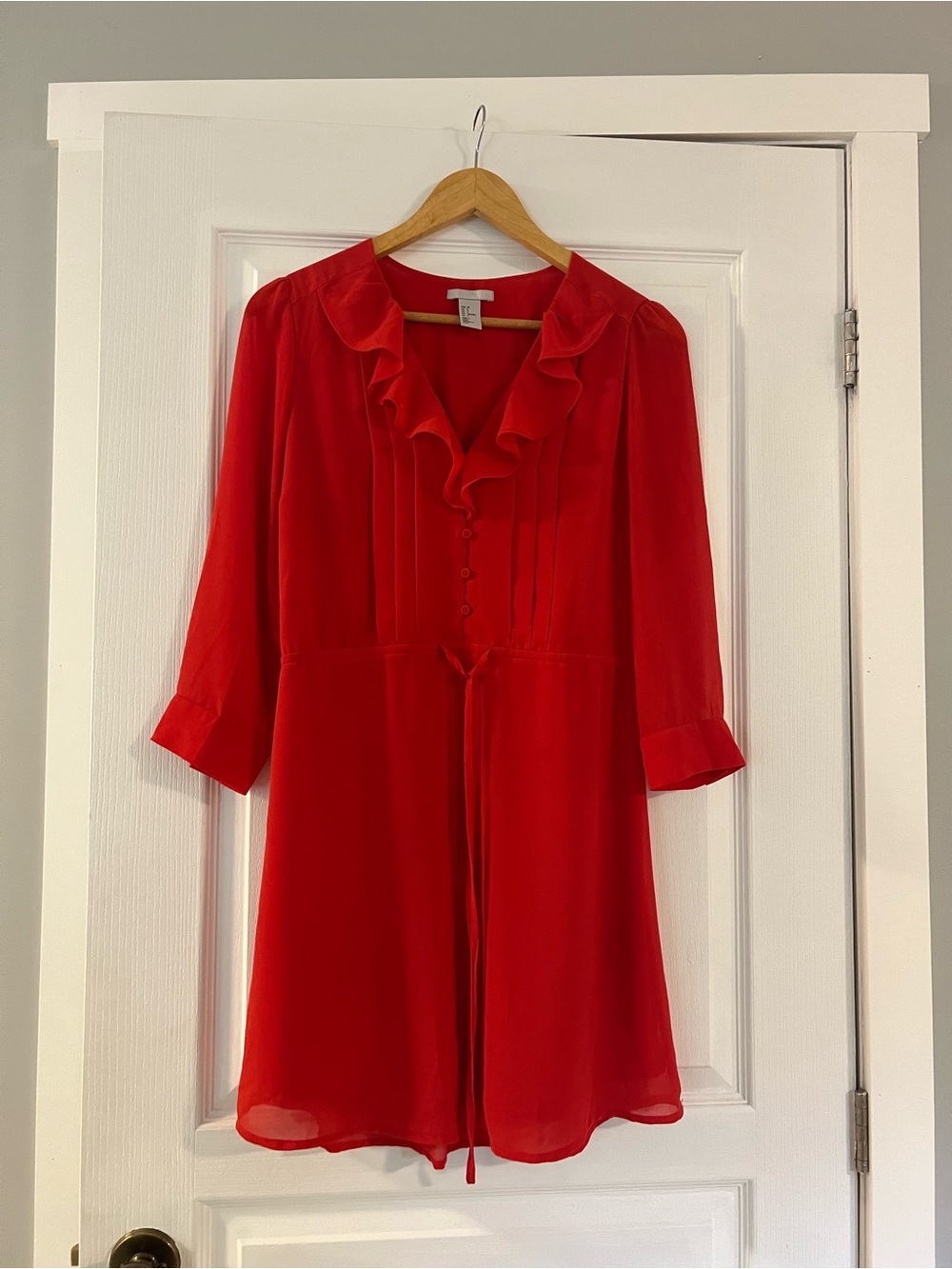 H&M Red Ruffle-Front Long Sleeve Tie Dress